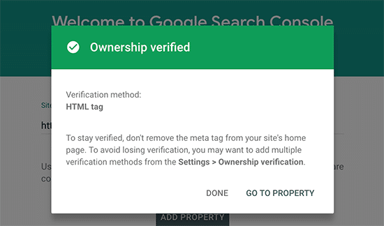 ownership verified prompt in Google Search console