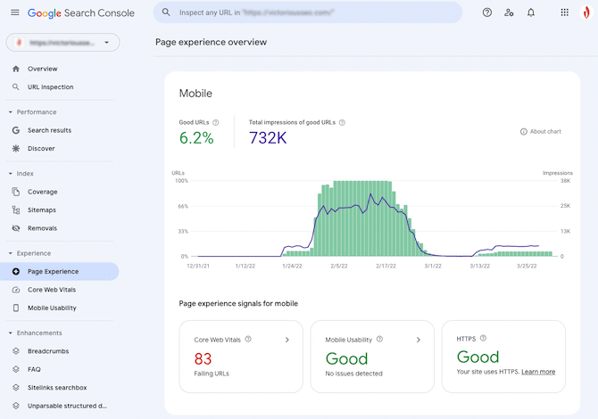 Page experience report screenshot