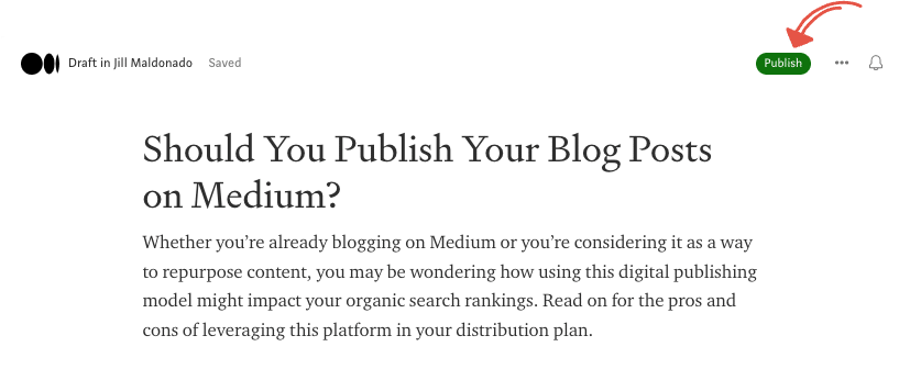 screenshot that shows the publish button on the Medium interface.