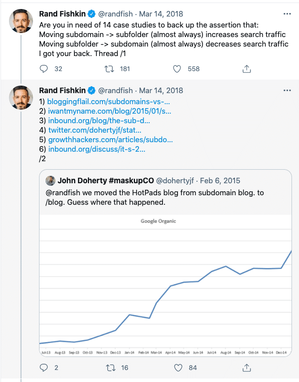 a tweet debating subdomain vs subdirectory pros and cons