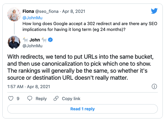 tweet from John Mueller about redirects for technical SEO