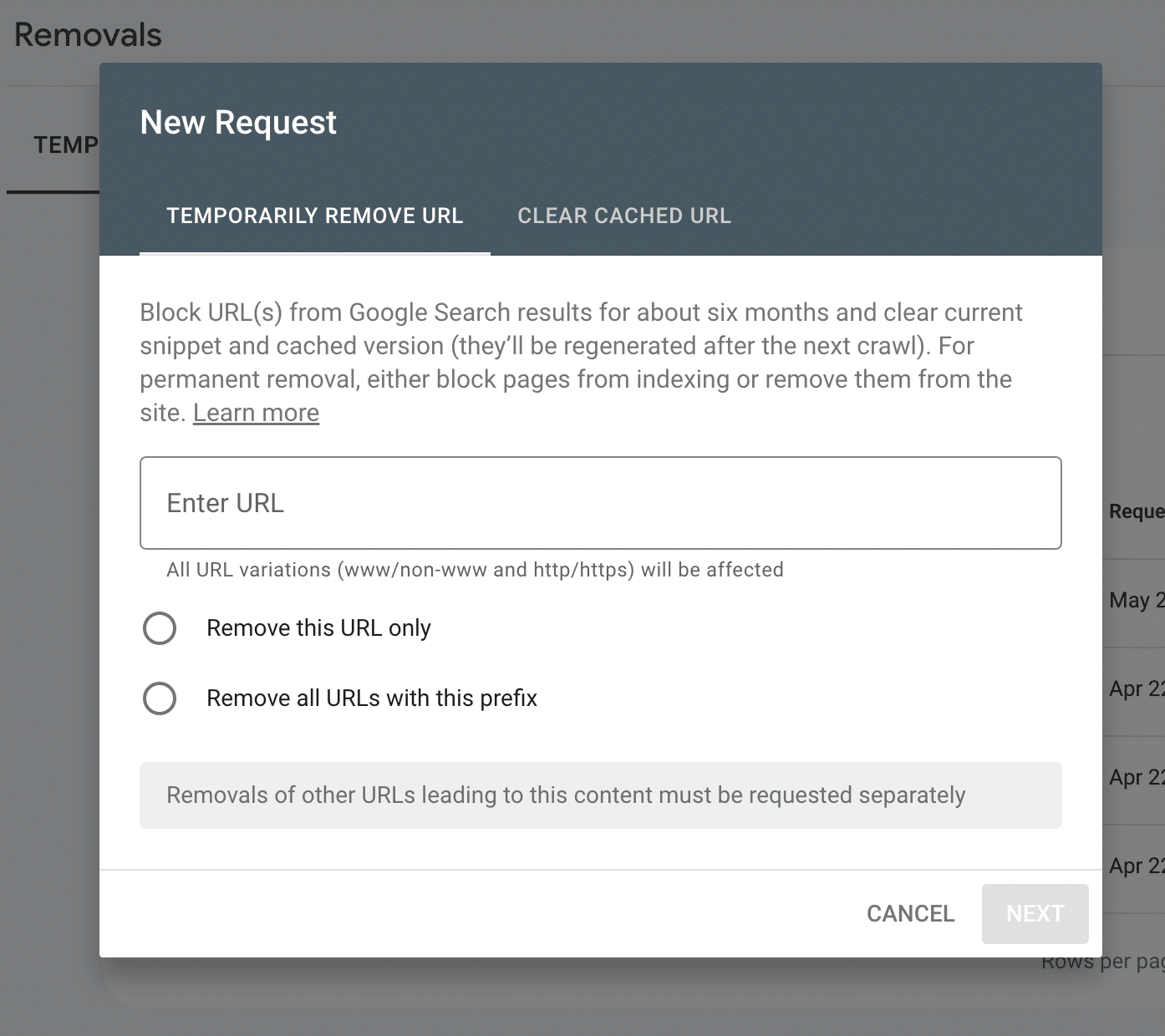 request removal from Google's index