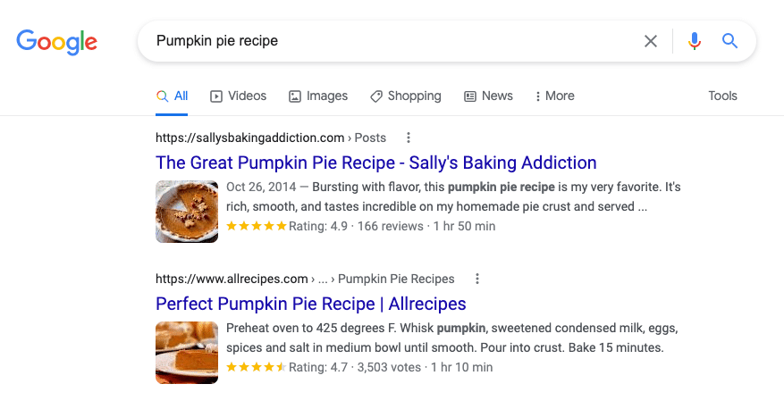 screenshot of rich snippets examples