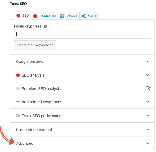 select 'advanced' in yoast seo plug in to noindex a page
