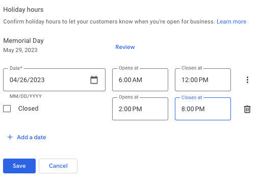 adding a closure in the middle of the day on google business profile