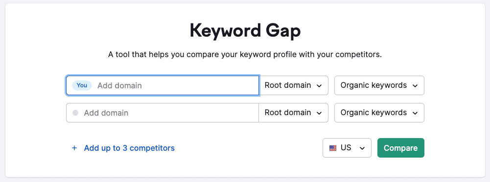 An image from Semrush displaying how to use the Keyword Gap tool to find competitor keywords