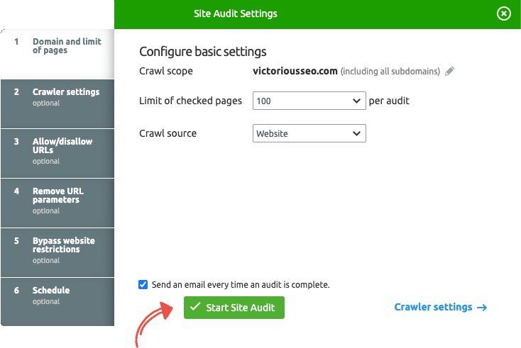 customize audit settings on semrush