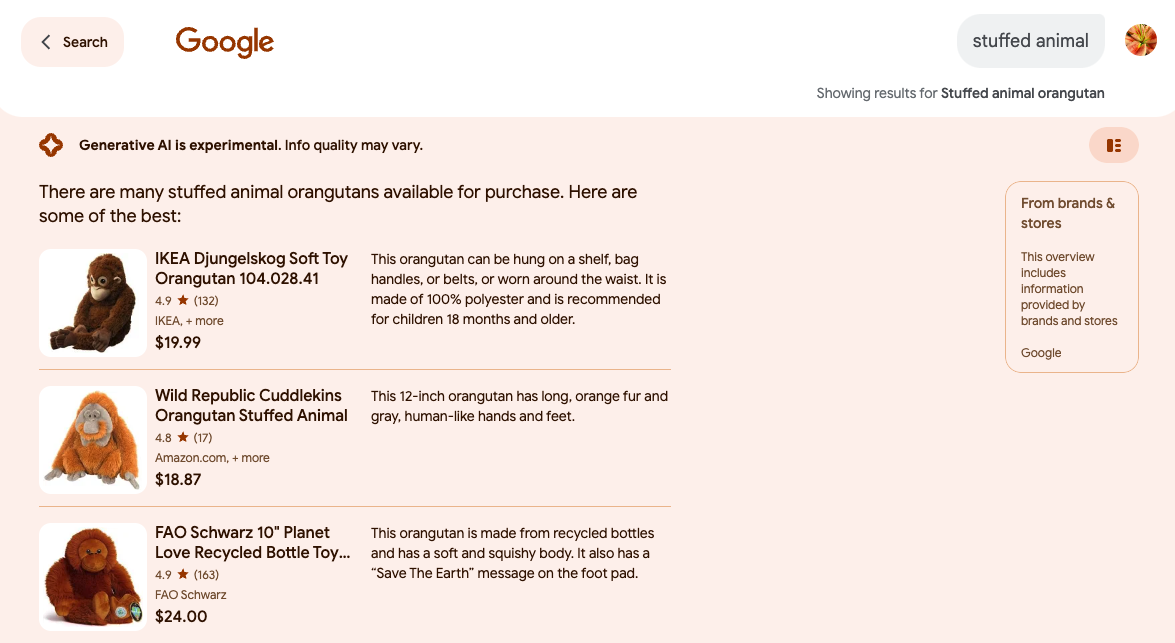 screenshot of follow up question "stuffed animal" with stuffed orangutan listings