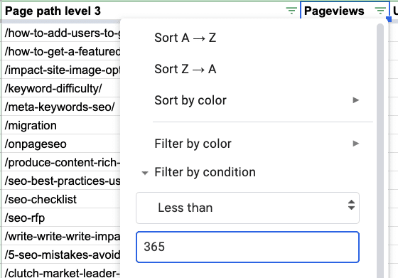screenshots: filtering pageviews