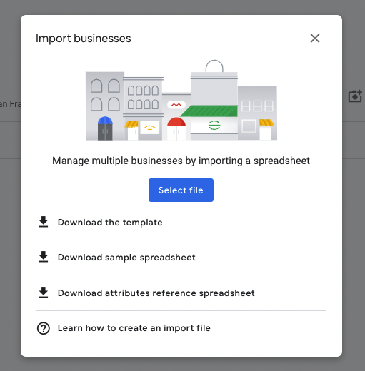 spreadsheet download screen to add multiple locations to google business profile