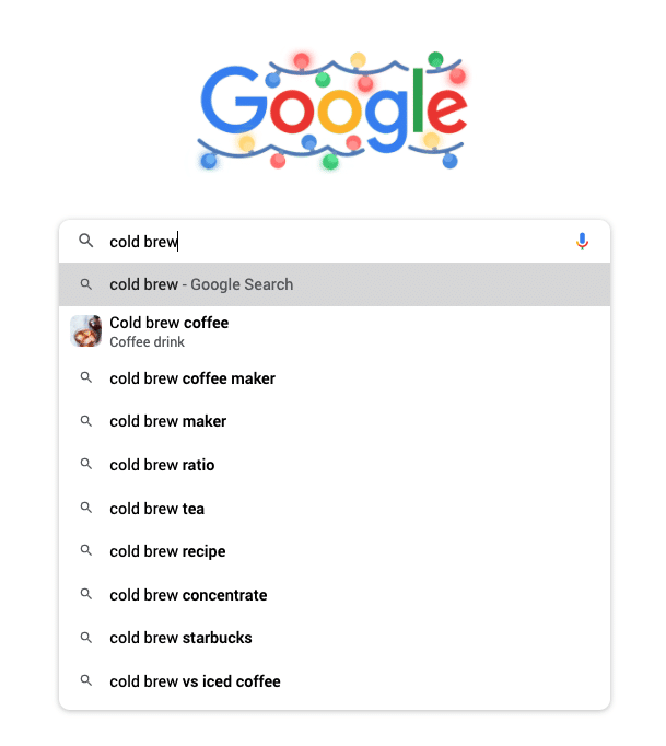 Google autocomplete showing popular searches related to cold brew.