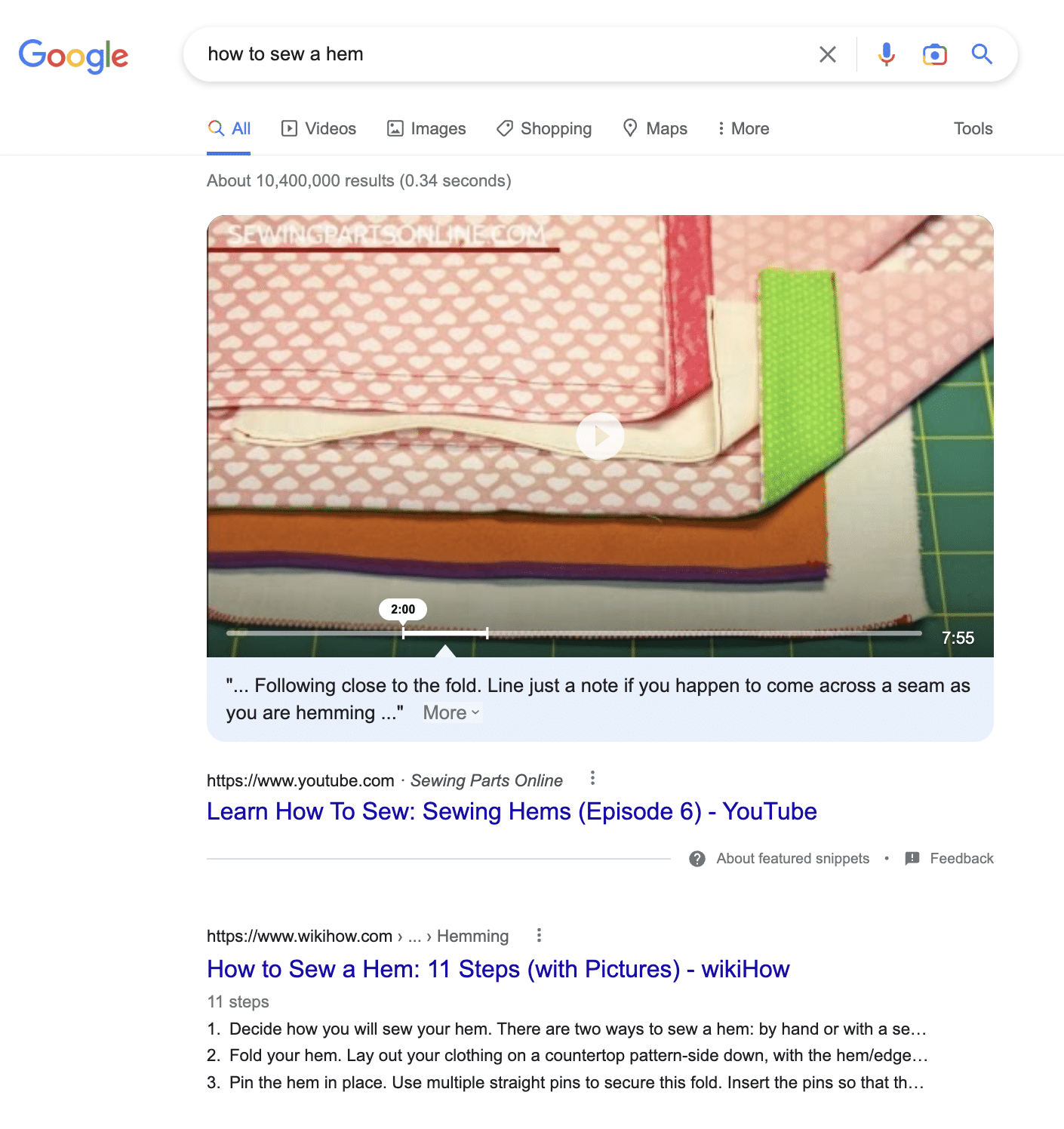 position zero example video in SERPs