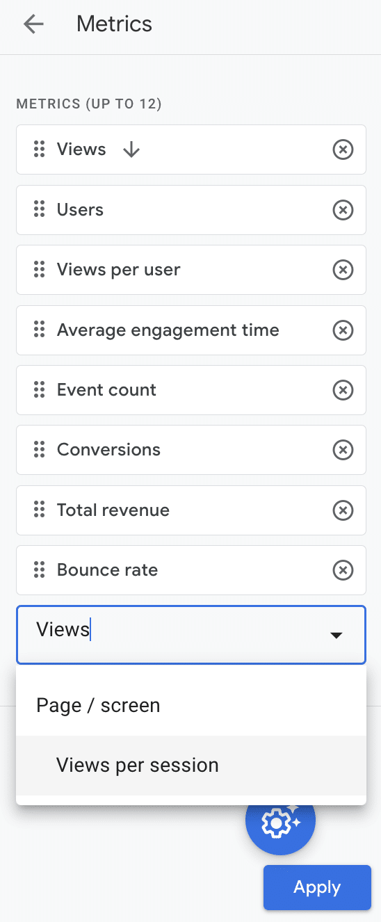 addings views per session metric to a ga4 report