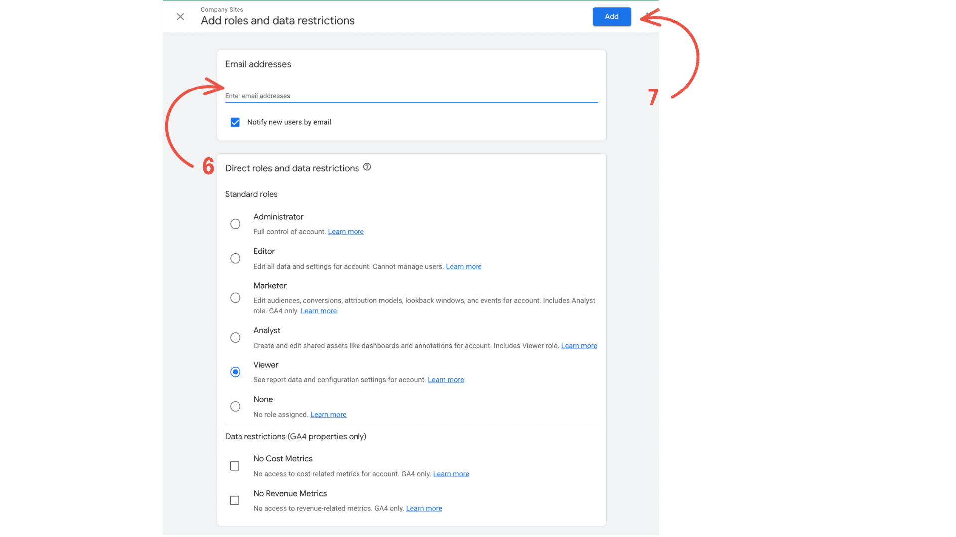 selecting direct roles and data restrictions for ga4 users