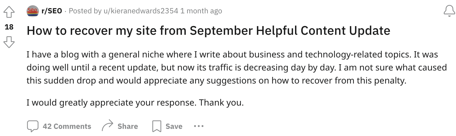 reddit complaint about helpful content update