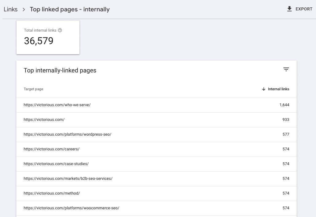 internal links report in gsc