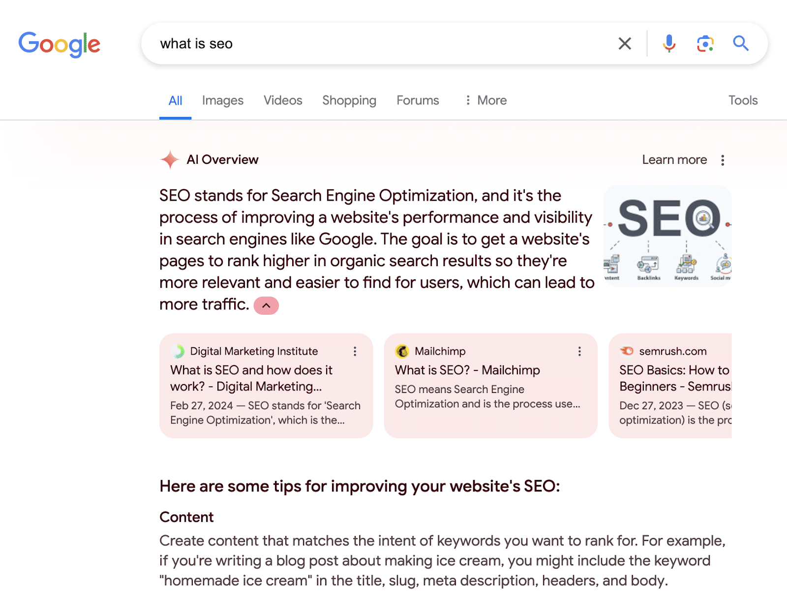 An image of a Google search for the phrase "what is seo"
