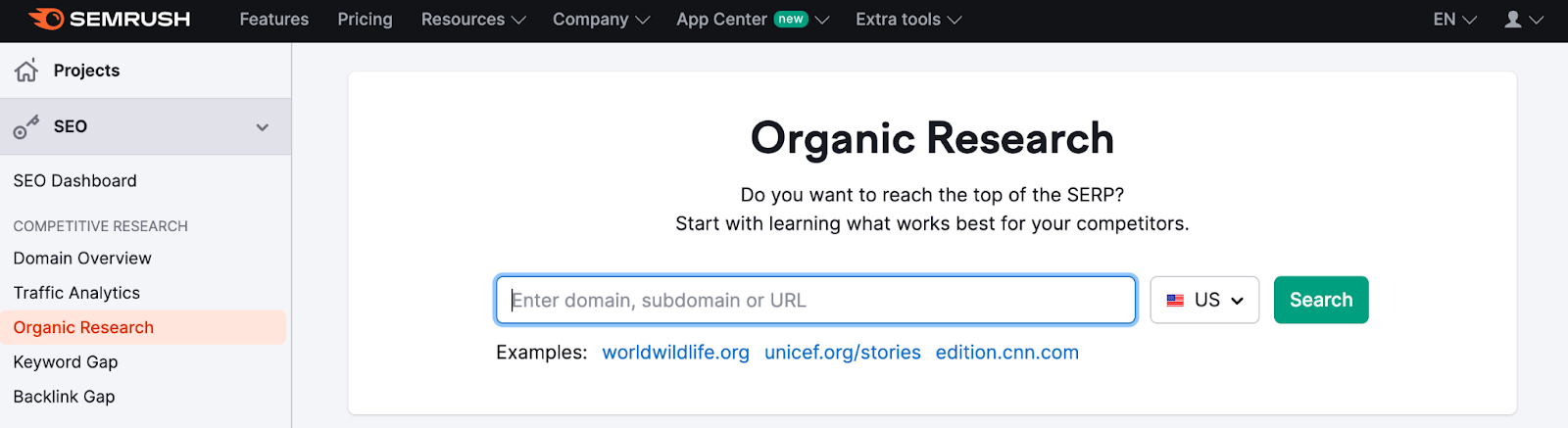 The organic research dashboard on Semrush