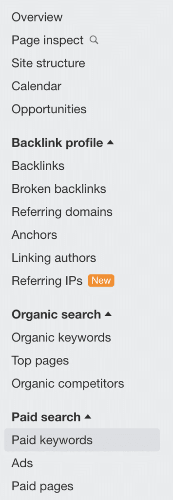 Paid keywords menu