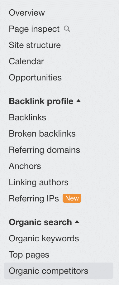 Organic competitors SEO search menu