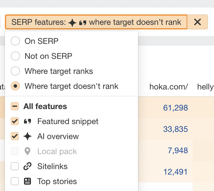 SERP features menu