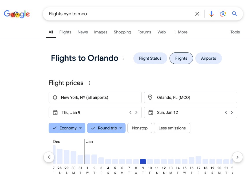 Flights to Orlando search result example image