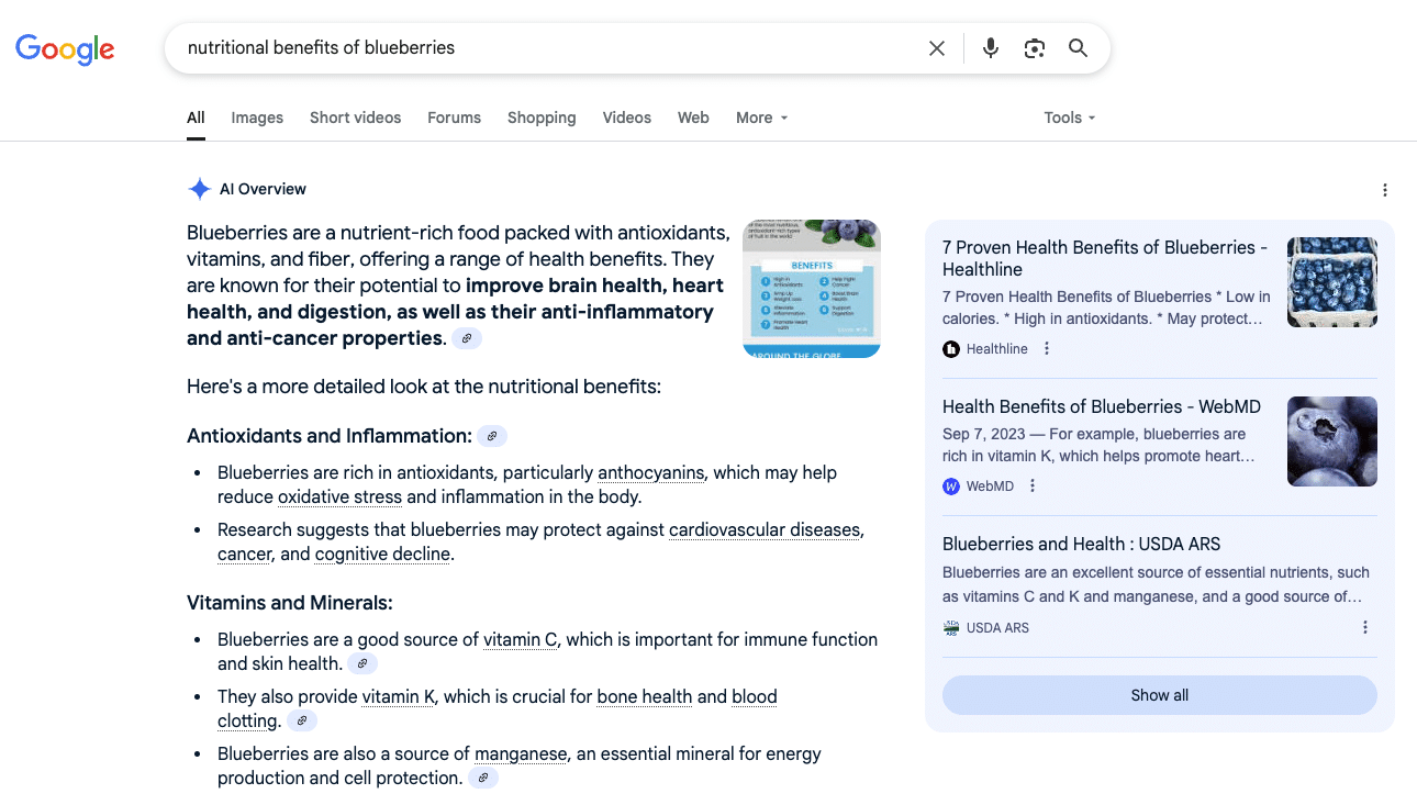 ai overview example featuring nutritional value of blueberries