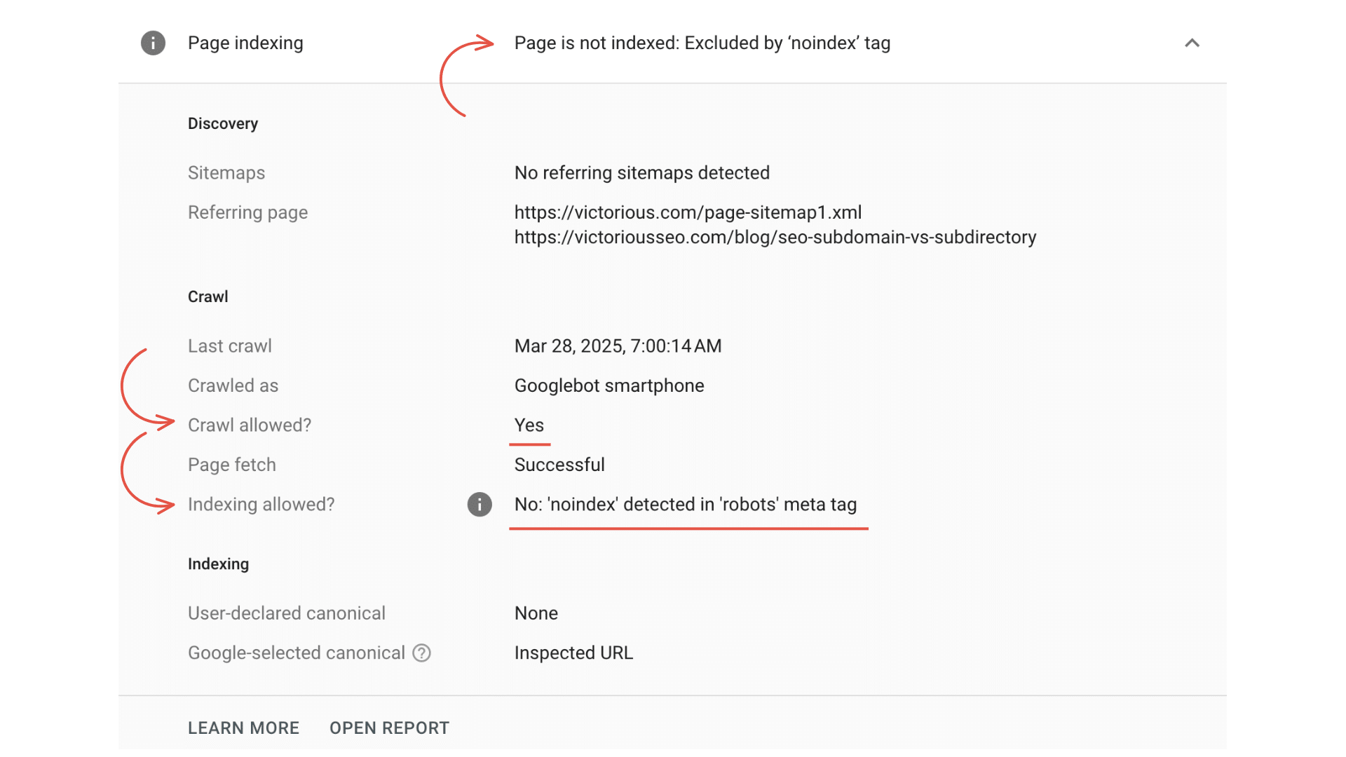 gsc url inspection tool screenshot showing page is not indexed