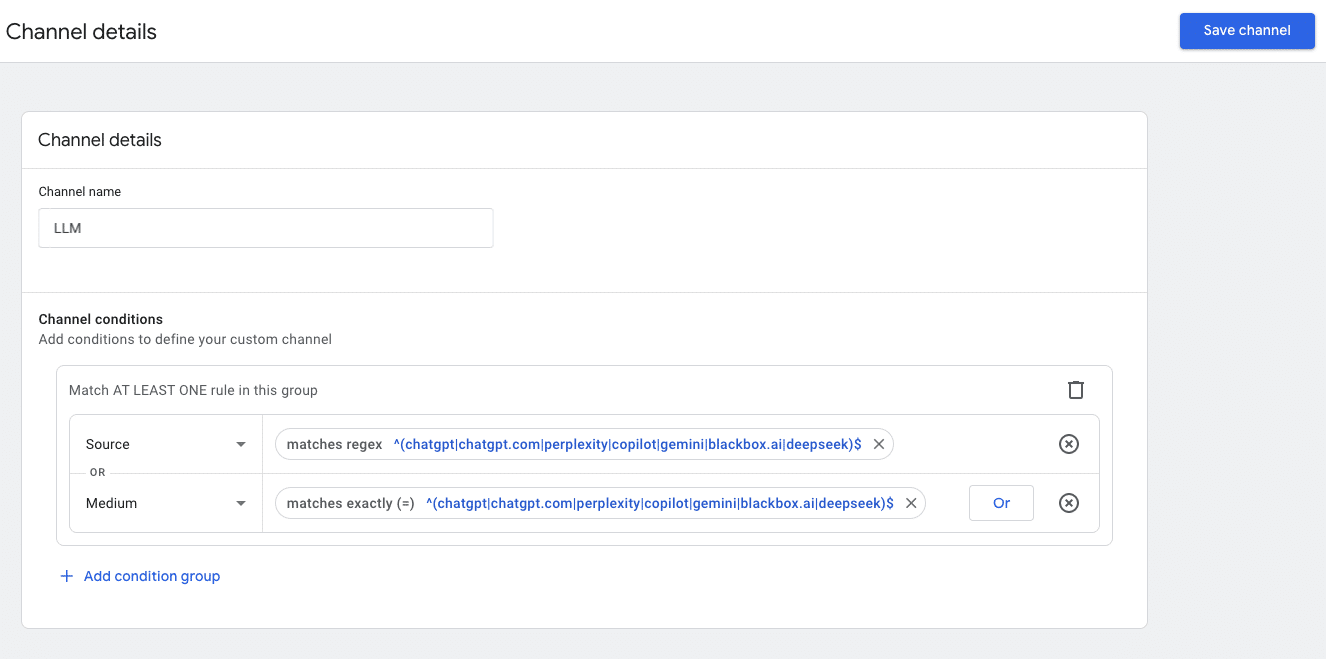 using regex to create channel group to measure AI traffic in GA4