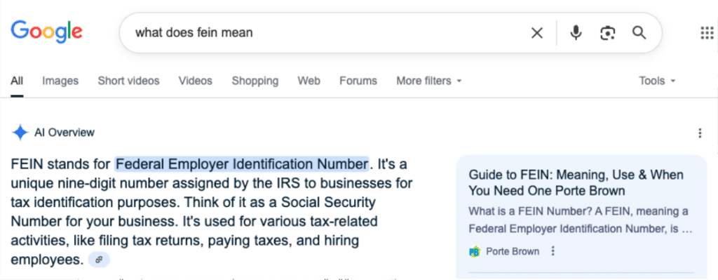 An AI Overview featuring a citation for an accounting firm due to AEO.