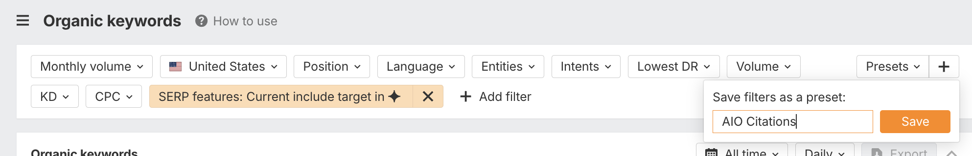 Save the preset to Ahrefs to make optimizing for AI overviews easier.
